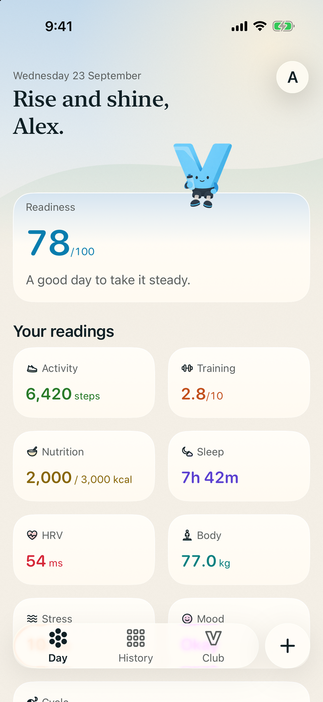 Vital’s Day screen on a morning sky, with the V standing on the Readiness card and today’s readings below. Example data.