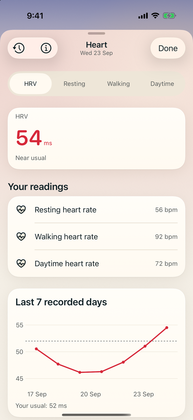 Vital’s Heart page: resting heart rate and heart rate variability. Example data.