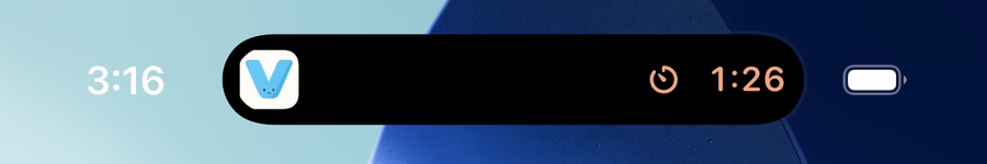 The Dynamic Island during a Vital workout: the V icon and a rest timer reading 1:26.