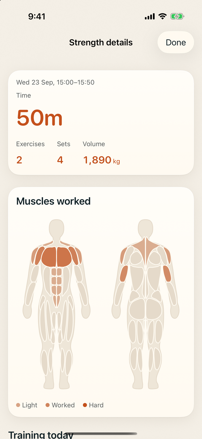 A saved strength workout in Vital: 50 minutes, 2 exercises, 4 sets and 1,890 kg, above the Muscles worked map with chest and shoulders highlighted. Example data.