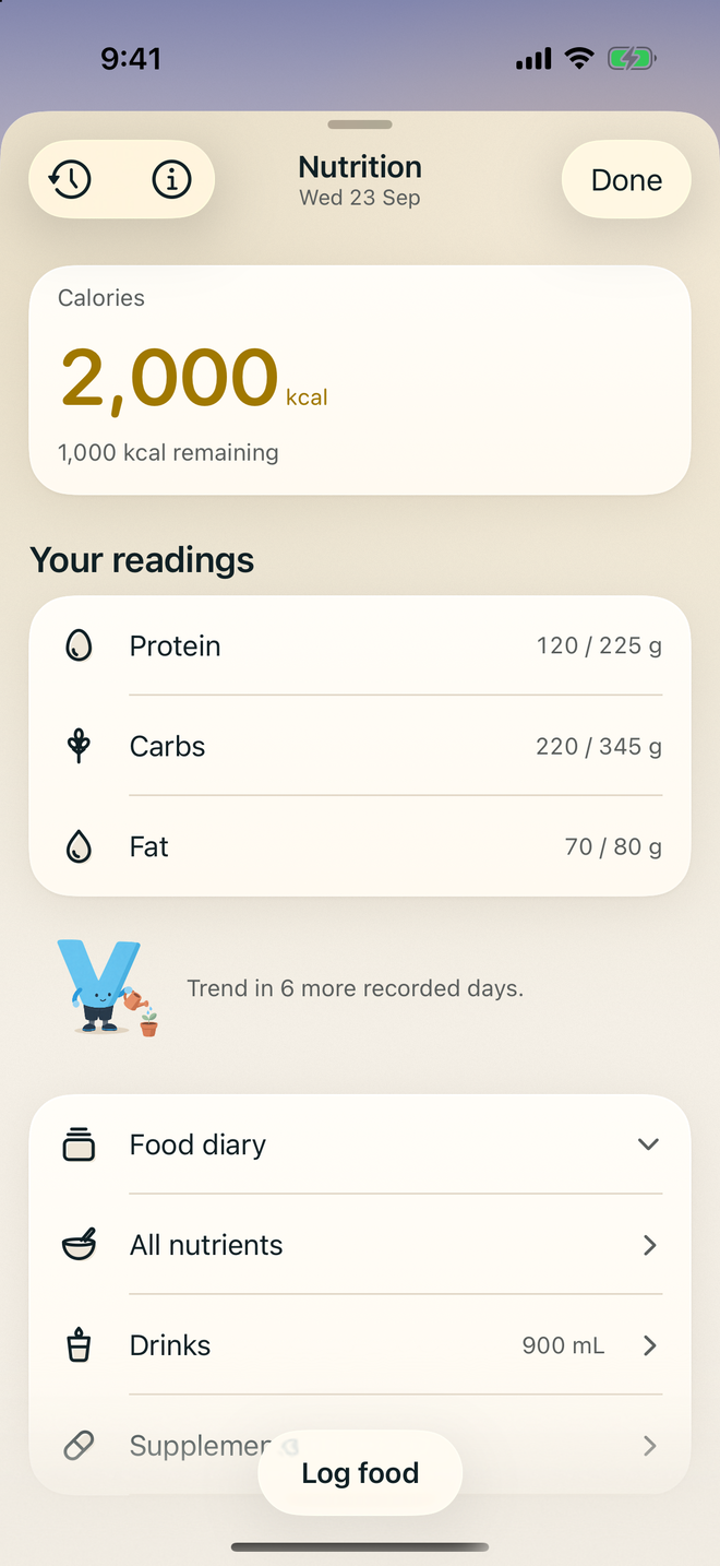 Vital’s Nutrition page: calories, protein, carbs and fat for the day, with meals below. Example data.