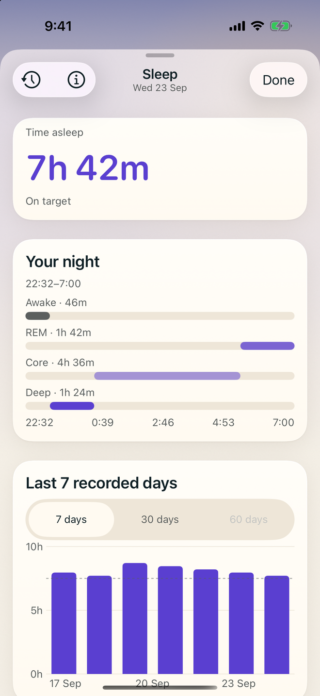 Vital’s Sleep page: time asleep, sleep stages and recent nights. Example data.