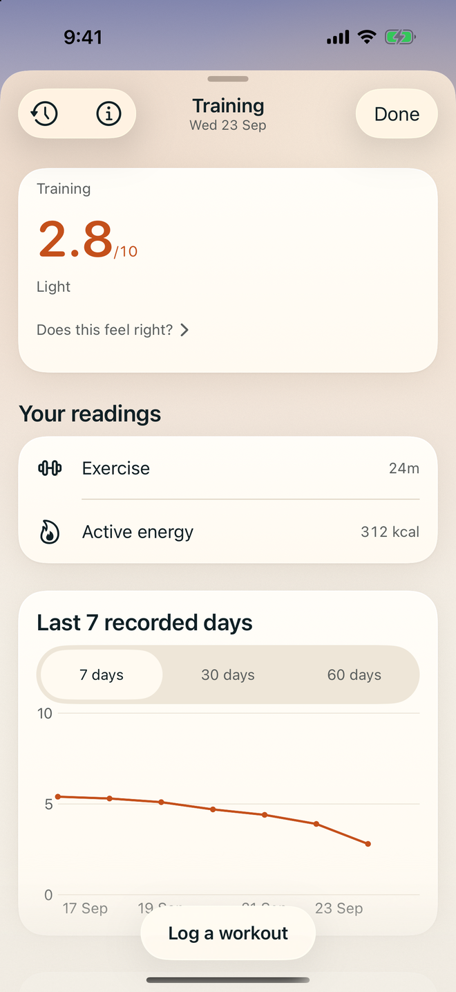Vital’s Training page: today’s training load out of 10 and recent workouts. Example data.