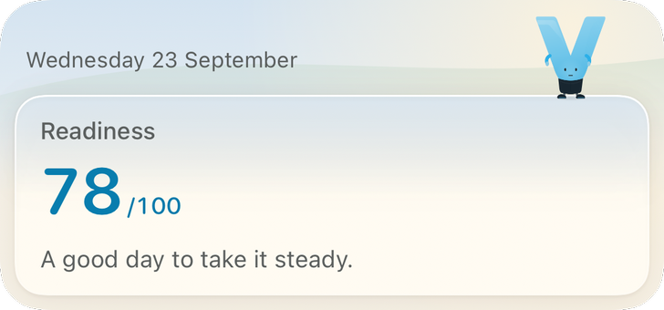 The medium Readiness widget on a morning sky, with the V standing on the card: 78 out of 100, a good day to take it steady.