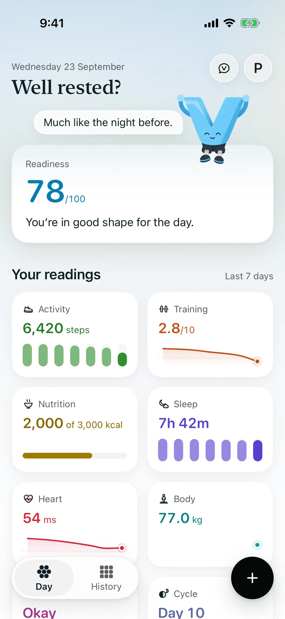 Vital’s Day screen on a morning sky: the V perched on the Readiness card, 78 out of 100, with Activity, Training, Nutrition and Sleep below. Example data.