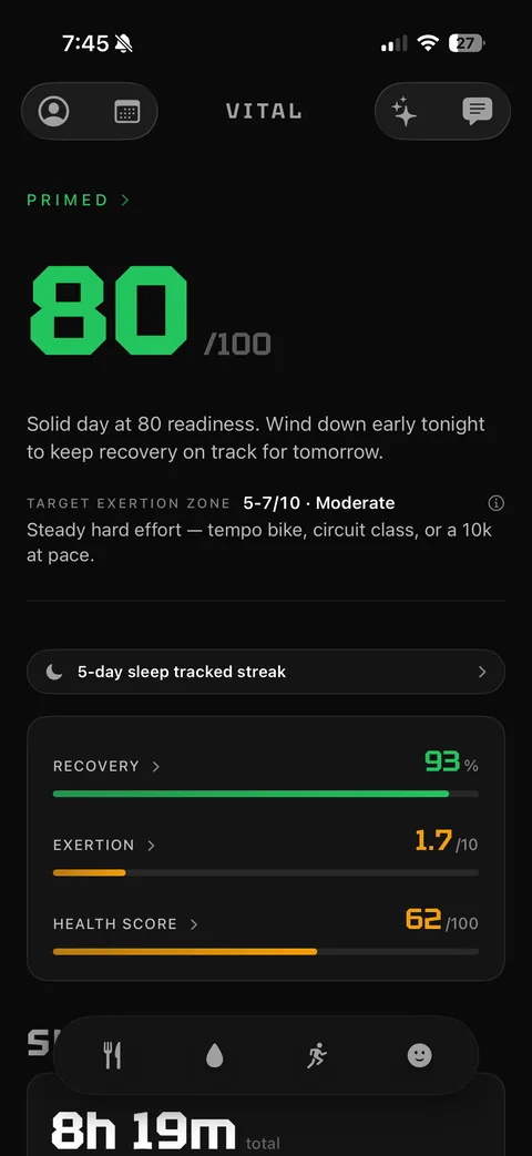 Vital app home screen showing a readiness score of 80