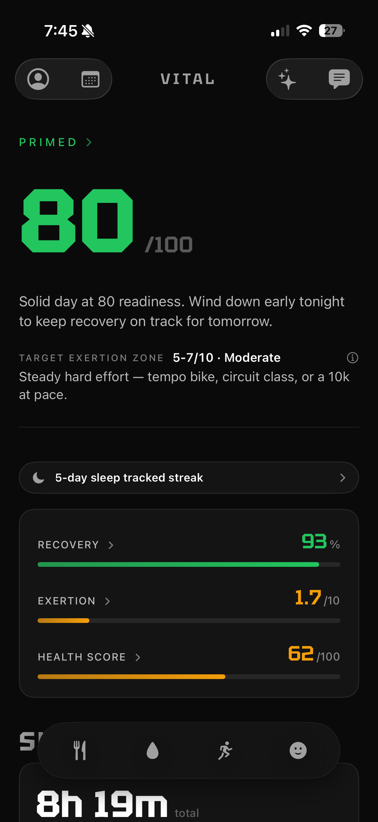 Vital app home screen showing a Primed readiness score of 80 out of 100, a one-paragraph daily summary, the target exertion zone, and the recovery, exertion and health scores.